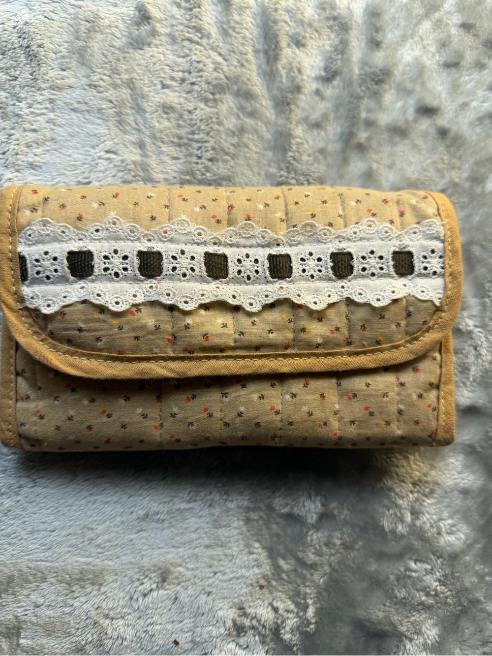 Neutral Beige Quilted Cosmetic Pouch with Lace Trim